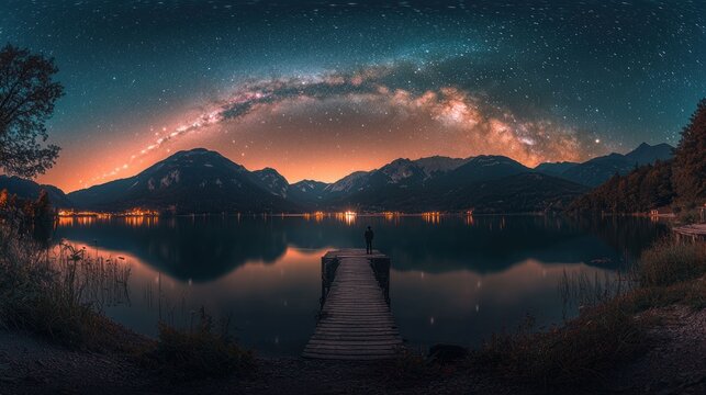 Panoramic lake vista at night, featuring Milky Way, mountains, and figure on a pier