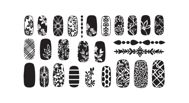 Nail art designs patterns collection in black and white colors