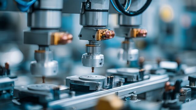 A close-up view of industrial robotic arms in a modern manufacturing facility with precision engineering equipment