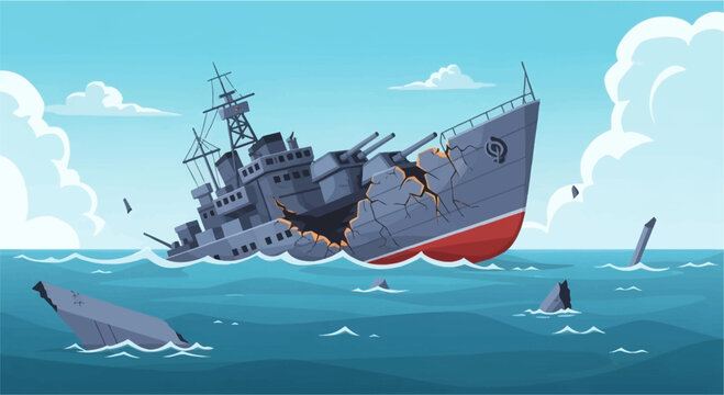 A cartoon illustration of a large grey warship broken in half and sinking in the blue ocean, with debris floating around it.