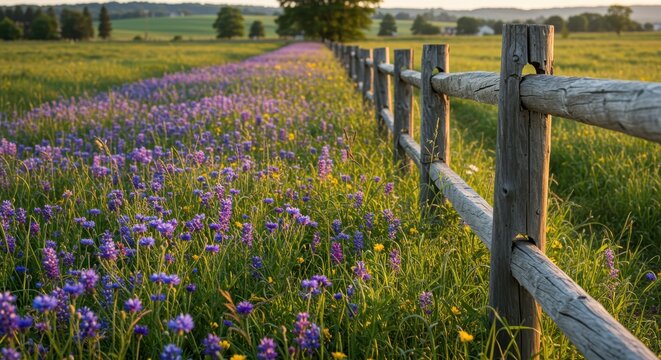 Wooden split rail fence borders a vibrant meadow filled with blooming purple wildflowers at sunset
