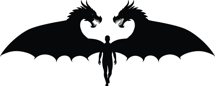 Black silhouette of a man with giant dragon wings and two heads emerging from his back representing inner power, dark fantasy, and demon soul.