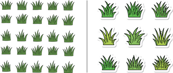 Fototapeta premium Stylized green grass tuft icons in grid arrangements. Featuring flat and sticker-style vector designs, these are perfect for landscape maps, garden planning, and gaming environmental assets.
