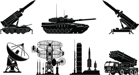 Obraz premium Military defense systems silhouette illustration collection, vehicles and technology artwork, combat design concept, black and white vector template set