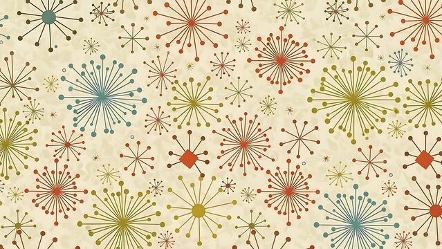 Abstract Geometric Pattern of Stylized Mid-Century Sunbursts and Dots in a Classic 1960s Palette for Textile Design