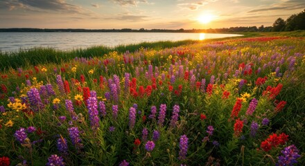 Fototapeta premium Vibrant wild blooms blanket a lakeside meadow during a golden hour sunset