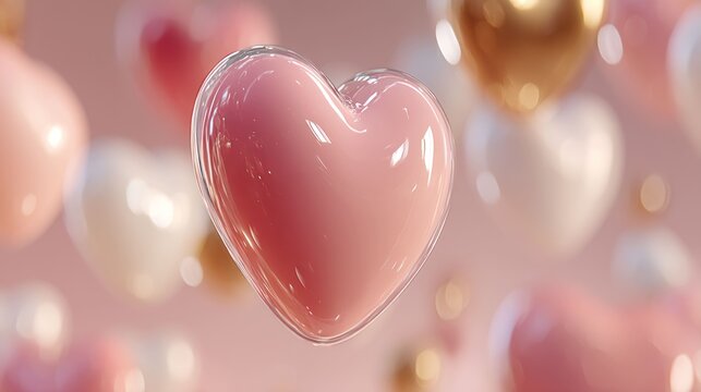 Pink heart, floating, surrounded by hearts
