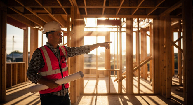 A construction worker in a hard hat and safety vest holds blueprints and points inside a wooden-framed house under construction with sunlight streaming through.