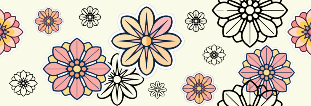 Vector illustration template of a stylized flower sticker with a modern flat design aesthetic, featuring bold lines, minimalist details, and a vibrant color scheme, including pastel shades of pink, ye