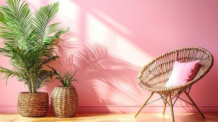Fototapeta premium Pink room with wicker furniture and plants. Sunlight casts shadows
