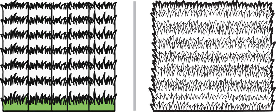 Black and white vector line art of dense grass patches and hedges in a rectangular grid layout. Ideal for landscape site plans, architectural textures, and garden mapping symbols.