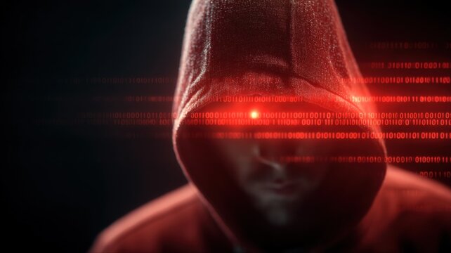 Mysterious hooded figure embodying cybersecurity threat, digital crime, and the dark web, with red binary code overlay