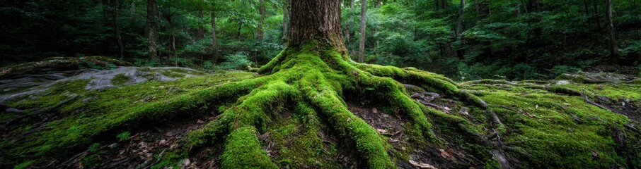 Obraz premium Majestic moss-covered ancient tree roots in lush green forest stream