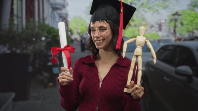 Woman wearing graduation cap holding diploma and wooden mannequin on amsterdam street; success pride achievement.