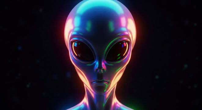 Alien Head with Large Black Eyes and Iridescent Skin Tone Futuristic Design Extraterrestrial Close Up Studio Shot against Dark Background