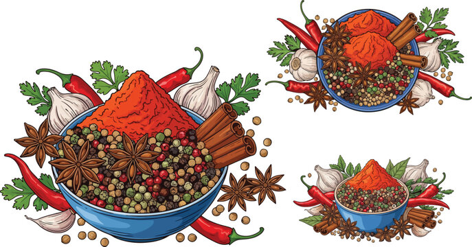Vintage hand drawn spice bowl illustrations, aromatic culinary herbs and seasonings set, chili pepper and garlic vector graphics for menu design