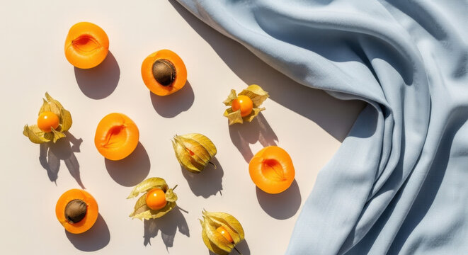 Apricots Physalis Sunlight on Tabletop with Blue Cloth Still Life Photography Summer Fruits Healthy Eating Lifestyle Fresh Food Delicious Dessert