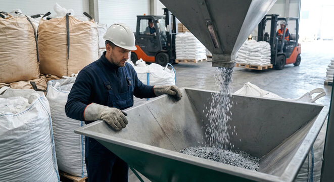 Factory worker pouring recycled plastic granules into a hopper for industrial manufacturing.