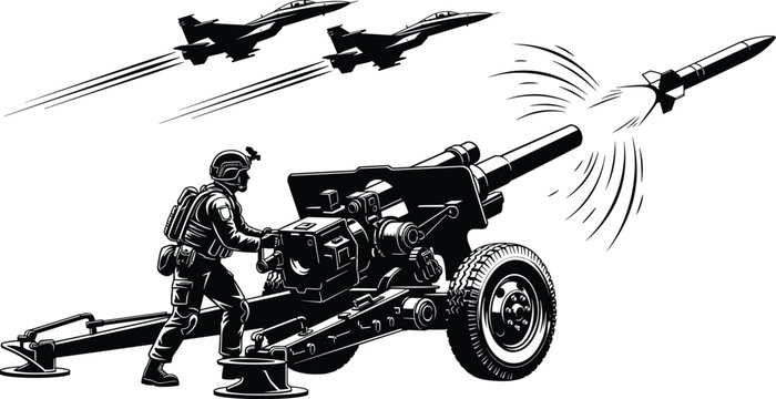 Professional military artillery cannon firing with soldier operator and fighter jets flying overhead in tactical combat vector silhouette illustration for defense projects.