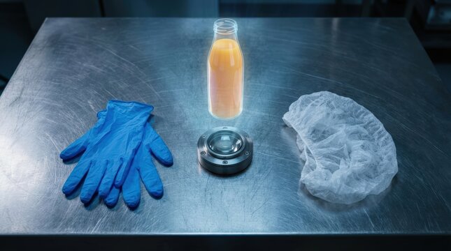 A glowing bottle of juice sits between blue gloves and a hairnet on a metal lab table.