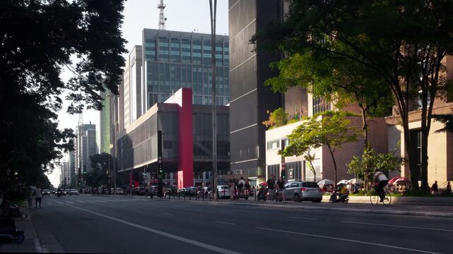 Paulista Avenue in the city of S&atilde;o Paulo, Brazil, with the MASP art museum in the background.