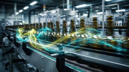 Automated industrial bottling plant with futuristic digital data stream overlays.
