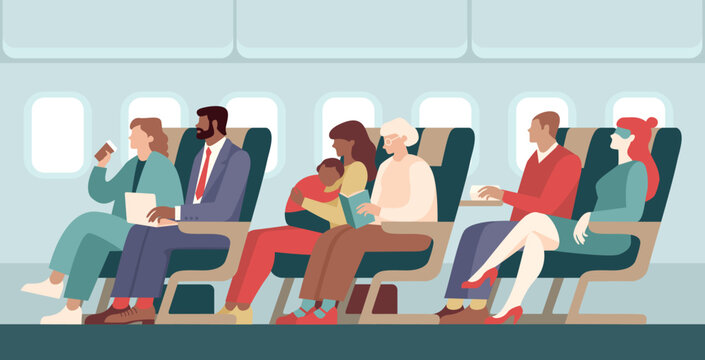 Diverse passengers traveling together in airplane cabin side view