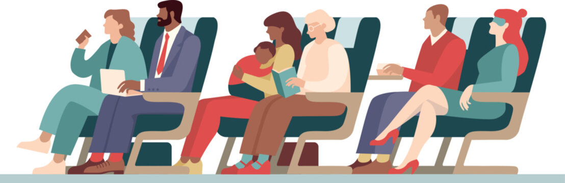 Diverse passengers traveling together in airplane cabin side view