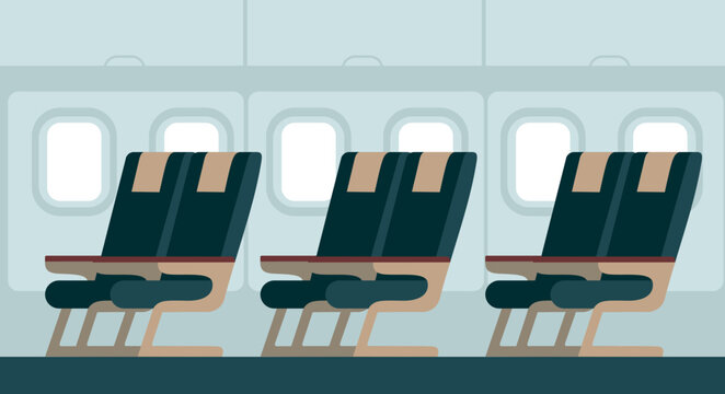 Airplane cabin interior side view with windows and empty passenger seats