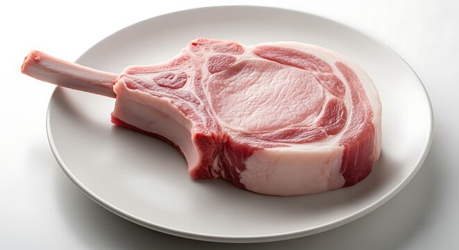 Raw tomahawk pork chop on white plate ready for cooking