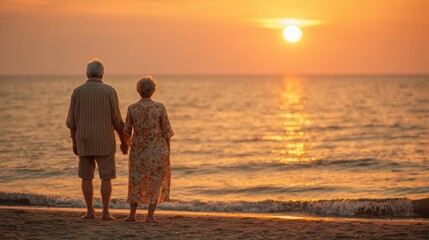 Fototapeta premium Lovely couple romantic moment. A man and woman standing hand in hand on the beach at sunset. The sky is painted in a gradient of orange and pink hues.