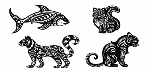 Stylized black and white illustrations of orcas and patterned felines © BelaRani