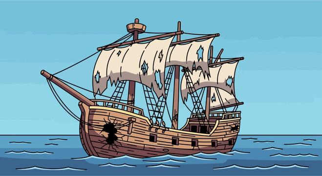 Cartoon illustration of a damaged old wooden pirate ship with torn sails and a large hole in its hull, floating on the blue sea under a clear sky.