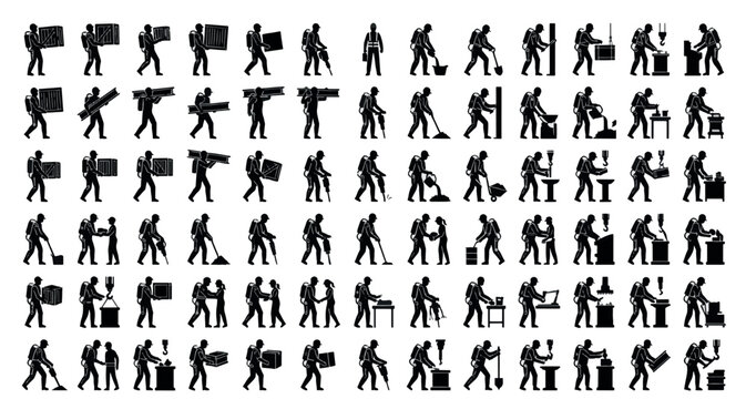 Exoskeleton Suit Workers Silhouettes Set Pack. Editable Vector Stroke Illustration. featuring exoskeleton, worker, silhouette, construction, heavy, lifting, industry, technology, future, robot more
