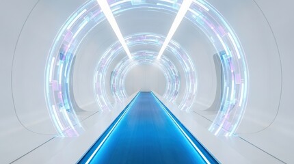 Futuristic sci-fi corridor with glowing circular neon rings and a bright blue central walkway.