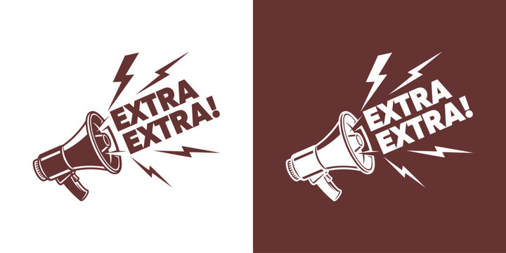 A vintage-style graphic featuring a megaphone emitting lightning bolts and the urgent text 'EXTRA EXTRA!' in two color variations, symbolizing news, announcements, and important information.