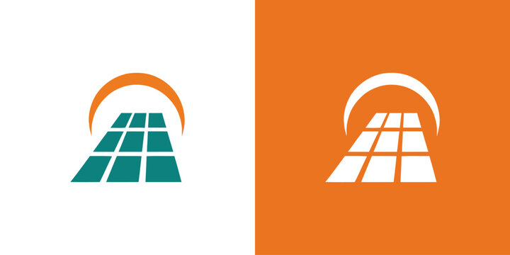 A logo design featuring a stylized solar panel array with a rising sun or arch, presented in two color variations: teal panels on white with an orange sun, and white panels on orange with a white sun.