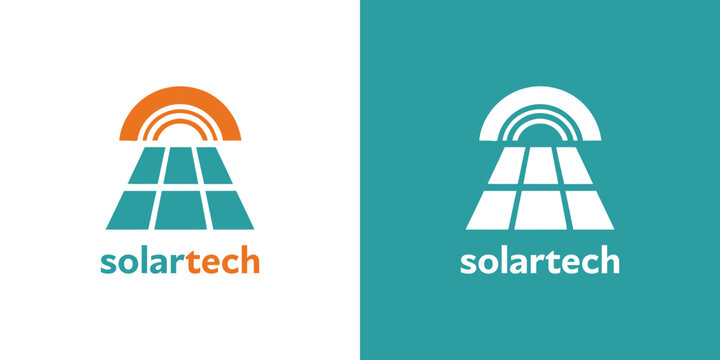 Modern solar energy technology logo design with abstract sun and solar panels, presented in two color variations on different backgrounds.