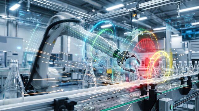 Futuristic robotic arm working on a glass bottle production line with digital overlays.