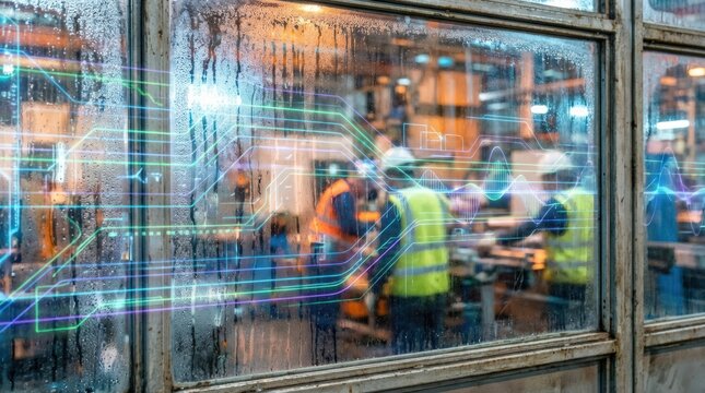 Industrial workers in a smart factory seen through a window with digital data overlays.