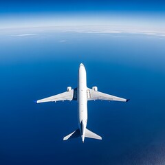Naklejka premium Airplane flying high above the ocean, clear blue sky view.