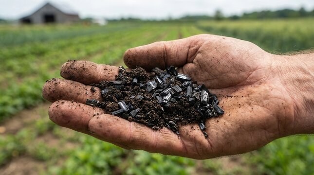 Farmer's dirty hand holding dark soil mixed with biochar fragments. Agricultural field with a barn in the blurred background.