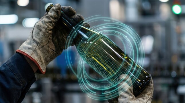 Worker inspecting a glass bottle with digital data overlay in a smart factory environment.