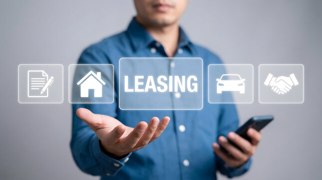 Unrecognizable person in blue shirt presenting digital leasing concept for house and car with mobile phone
