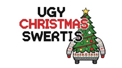 Obraz premium Pixel Art Illustration of a Person Wearing a Giant Ugly Christmas Tree Sweater with Holiday Decorations