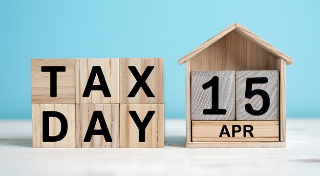 Tax day concept with wooden cubes showing fifteen april date and text blocks on light blue background representing annual financial deadline and income reporting for house owners also.