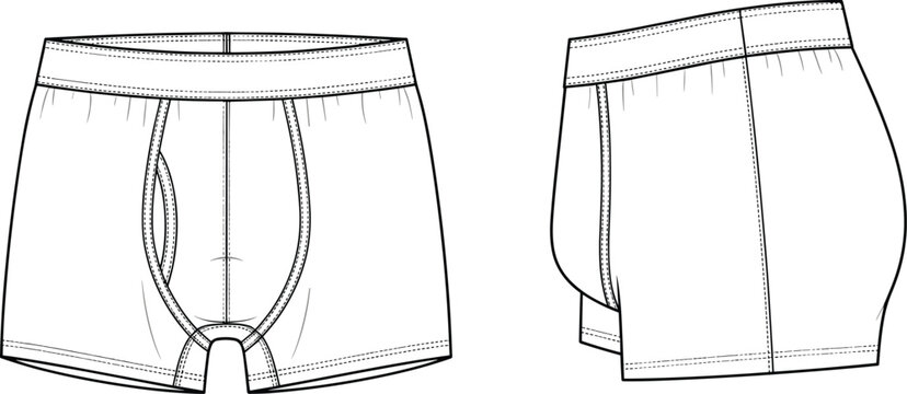 Technical fashion flat sketch of men basic boxer briefs underwear with elastic waistband and fly front details for apparel design and garment manufacturing vector