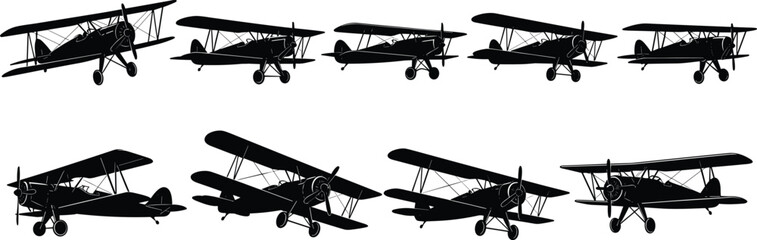 Vintage biplane silhouette set with antique propeller airplanes and old military aircraft icons isolated on white background for aviation history and airshow vector illustration © Arman