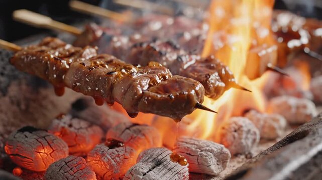 Multiple Beef Skewers Cooking Over Hot Charcoal grilling 4K Video
