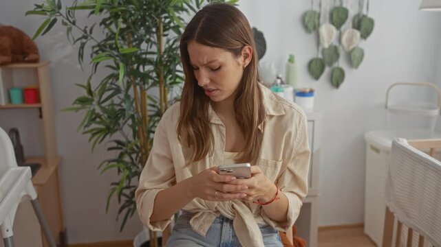 Woman pinches nose while holding phone and scrolling, seated amid crib and houseplant in nursery building; disgust odor problem.